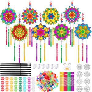 VioraWhite 24 Sets Spring Mandala Suncatchers Crafts Kit Easter Holi Stained Glass DIY Window Ornament Drawing Craft Window Art Paint Your Own Wind Chimes Craft for Party Activity Project Home Decor
