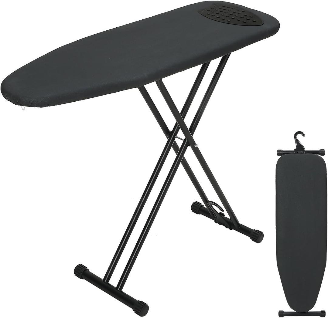 Ironing Board 43x13 with Iron Rest, RAINHOL Compact Iron Board Full Size with Thick Cover and Pad, Easy Storage Hanger with Heat-Resistant Silicone Pad, Space Saving and Height Adjustable, Black
