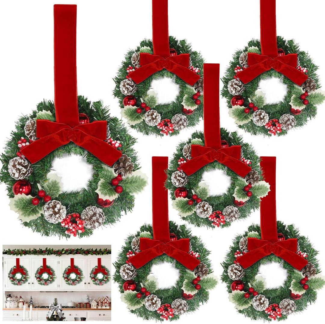 6 Pcs 12 Inch Small Christmas Wreath Mini Door Wreath with Ball Frosted Pinecone Berried Holly Christmas Decorations for Indoor Window Wall Stairs Room Home Office Decor Kitchen