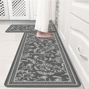 Grey Minimalist Line Art Herb Leaves Kitchen Rug Sets [2 PCs], Anti-Fatigue, Waterproof Non-Slip Kitchen Mats Heavy Duty Comfort Foam Rug for Kitchen, Floor, Laundry,17"x29"+17"x47"