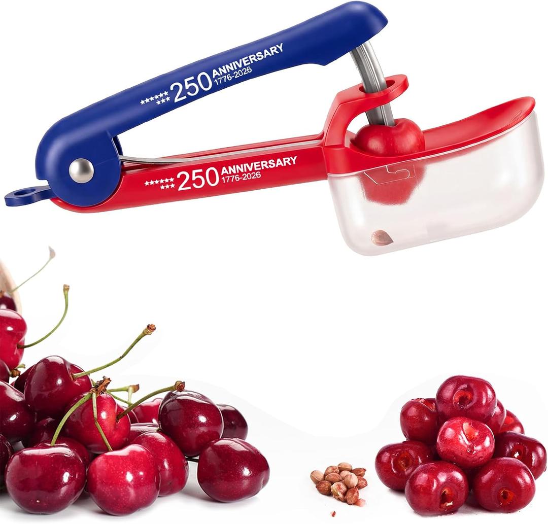 2 x Cherry Pitter Cherries Pitter Tool For Cherry Season | 250th Independence Day Pattern,Stainless Steel Rod,Lock Design, Sorage Box,Dishwasher