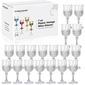 XUWAIDSGN 24 Pcs 7oz Plastic Vintage Wine Glasses Drinking Glasses Unbreakable Wedding Glassware Crystal Water Goblets Reusable Drinkware Vintage Champagne Flutes (24, Clear)