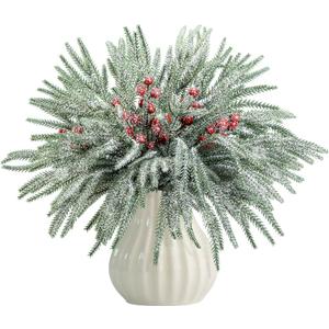 60 Pcs Christmas Snow Norfolk Pine Branches with Red Berry Stems, Snowy Artificial Xmas Branches Pine Tree Needle, Berries White Frosted Fake Greenery Norfolk Pines Stems Sprigs for Garland Home Decor