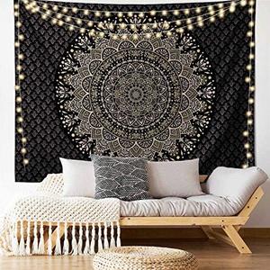 Edeesky Black Golden Mandala Tapestry Wall Hanging Psychedelic Medallion Wall Tapestry Aesthetic Indian Hippie Wall Decor Bohemian Wall Art Boho Home Decoration Blanket for Bedroom,Living Room,Dorm