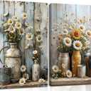 2Pcs Farmhouse Daisy Canvas Wall Art Rustic Wood Grain Flowers Posters Prints Still Life Botanical Painting Vintage Country Floral Wall Decor for Living Room Bedroom Bathroom Decoration Framed (24L"x16W")