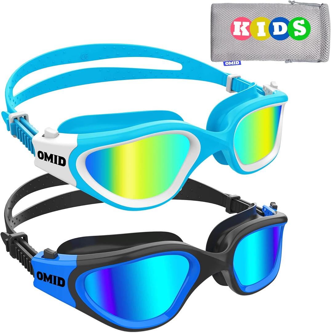 OMID Kids Swim Goggles, P2 Mini 2 Packs Comfortable Polarized Swimming Goggles Age 6-14 (A1-polarized Blue Gold + Polarized Black Blue)
