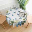Spring Round Tablecloths 70 Inches Blue Hydrangea Butterfly Floral Decorative Round Tablecloth Summer Flower Washable Reusable Circle Table Cover for Home Kitchen Dining Room Party Outdoor