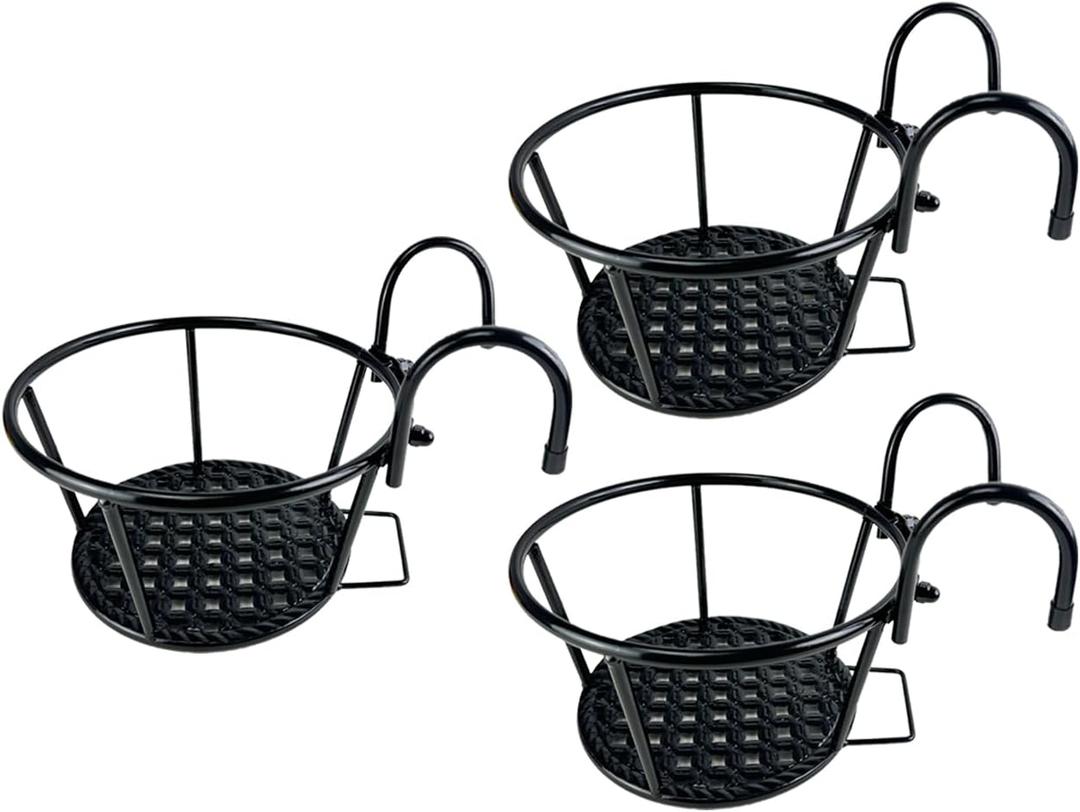 Iron Art Metal Railing Flower Pot Hanging Basket for Indoor Pot Holder Hanger 3 Pack Outdoor Plants Perfect for Porches and Patio Decor (Black)