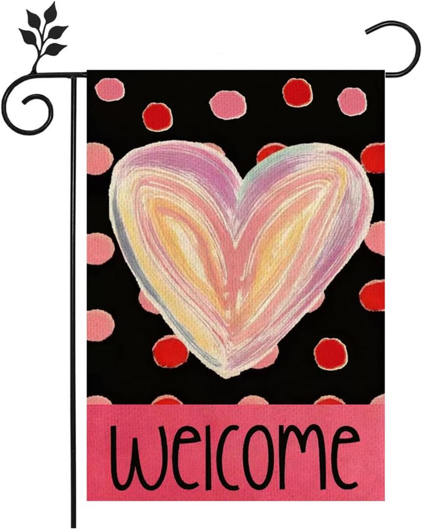 Valentines Day Love Heart Garden Flag 12x18 Inch Double Sided Outside, Polka Dots Welcome Yard Outdoor Flag Holiday Yard Decoration Party Decorations Garden Flags Welcome Holiday Yard Outdoor Flag