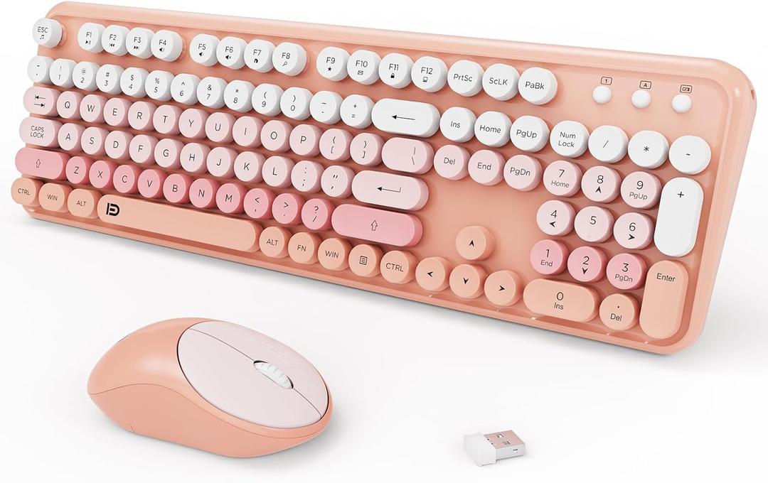 Wireless Keyboards Mouse Combos, Colorful Cute Typewriter Full-Size Retro Round Keycaps, 2.4GHz Cordless Sleep Mode Office Quiet Wireless Keyboard and Mouse Set for Desktop Laptop PC Computer, 105 Keys Pink Colorful