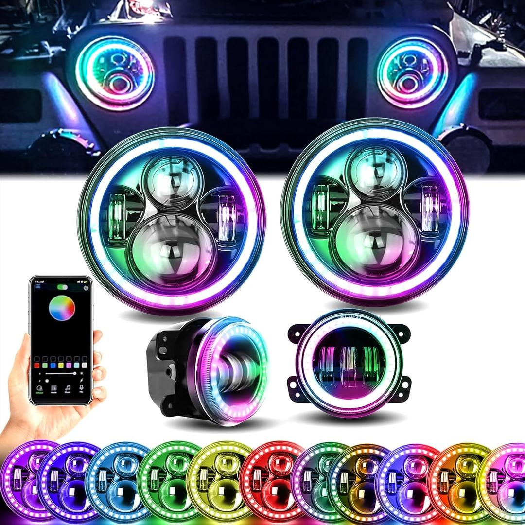 YEEGO DIRECT 7 Inch LED Headlight RGB Halo for Wrangler Headlights & 4 Inch RGB Fog Lights, DOT Approved, Bluetooth APP Control Custom Colors, Compatible with Wrangler 1997-2018 JKU JK TJ LJ (Multi-Colored-1)