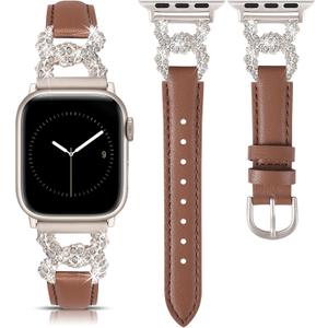 TOYOUTHS Leather Band Compatible with Apple Watch Bands Women 42/ 44/ 45/ 49mm Ultra Dressy Designer Bling Diamond Buckle Thin Leather Strap for iWatch Band SE Series 9/ 8/ 7/ 6/ 5/ 4/ 3/ 2/ 1, Brown/ Starlight
