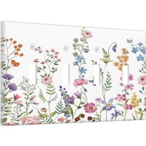 Rustic Wild Floral Vintage Watercolor Flower Quad Gang Toggle Light Switch Cover 4-Gang Wall Plates Decorative Electrical Switchplate for Home Bedroom Art Decorate