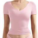 SUUKSESS Women Double Lined Fitted Basic Tee Sexy V Neck Short Sleeve Y2K Crop Top, 

Size S