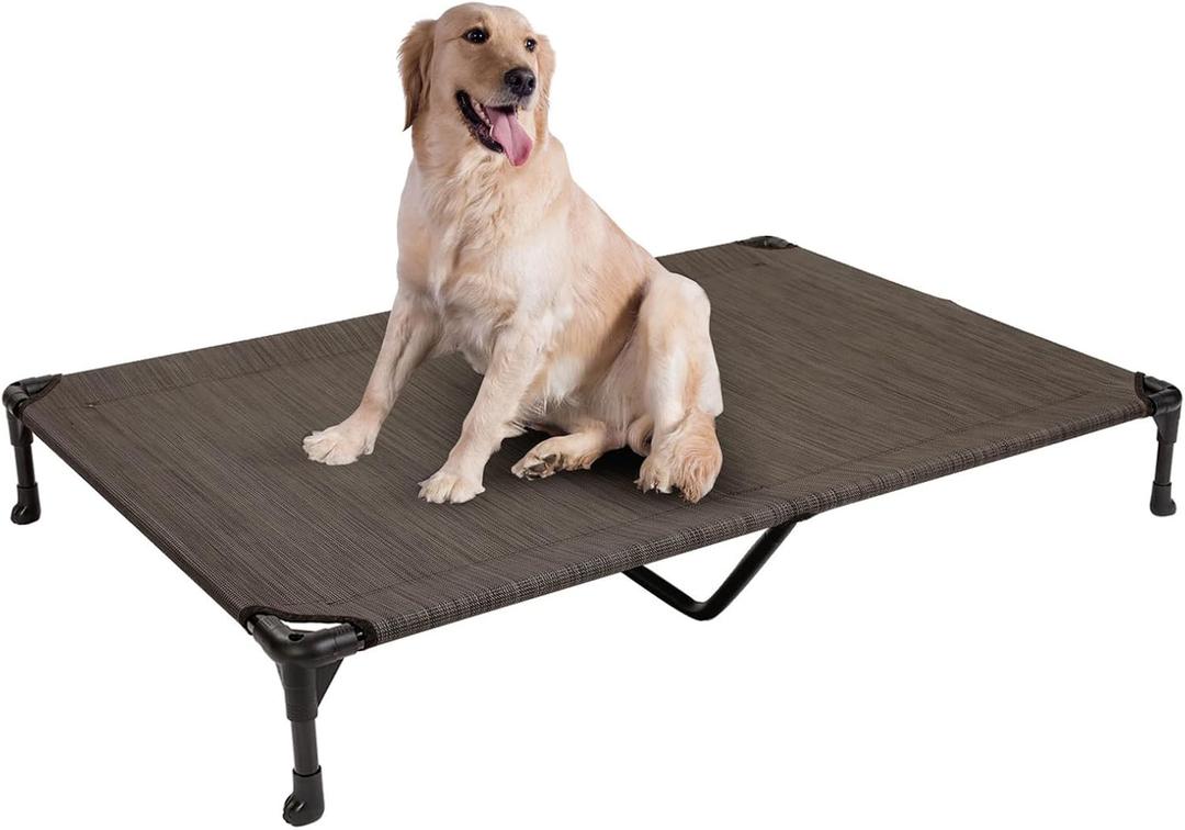 Veehoo XL Outdoor Elevated Dog Cot Bed, Cooling Raised Pet Bed, Washable Breathable Mesh Hammock Bed with No-Slip Feet, Indestructible Ground Off Training Platform Cot-49"x33" Brown