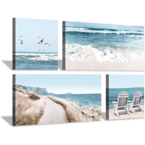 Coastal Beach Canvas Wall Art: Beach Chairs & Seagulls Flying Picture Painting Print for Wall Decor(12''x12''x2pcs+24''x12''x2pcs) Coastal Beach Canvas Wall Art: Beach Chairs & Seagulls Flying Picture Painting Print for Wall Decor(12''x12''x2pcs+24''x12''x2pcs)