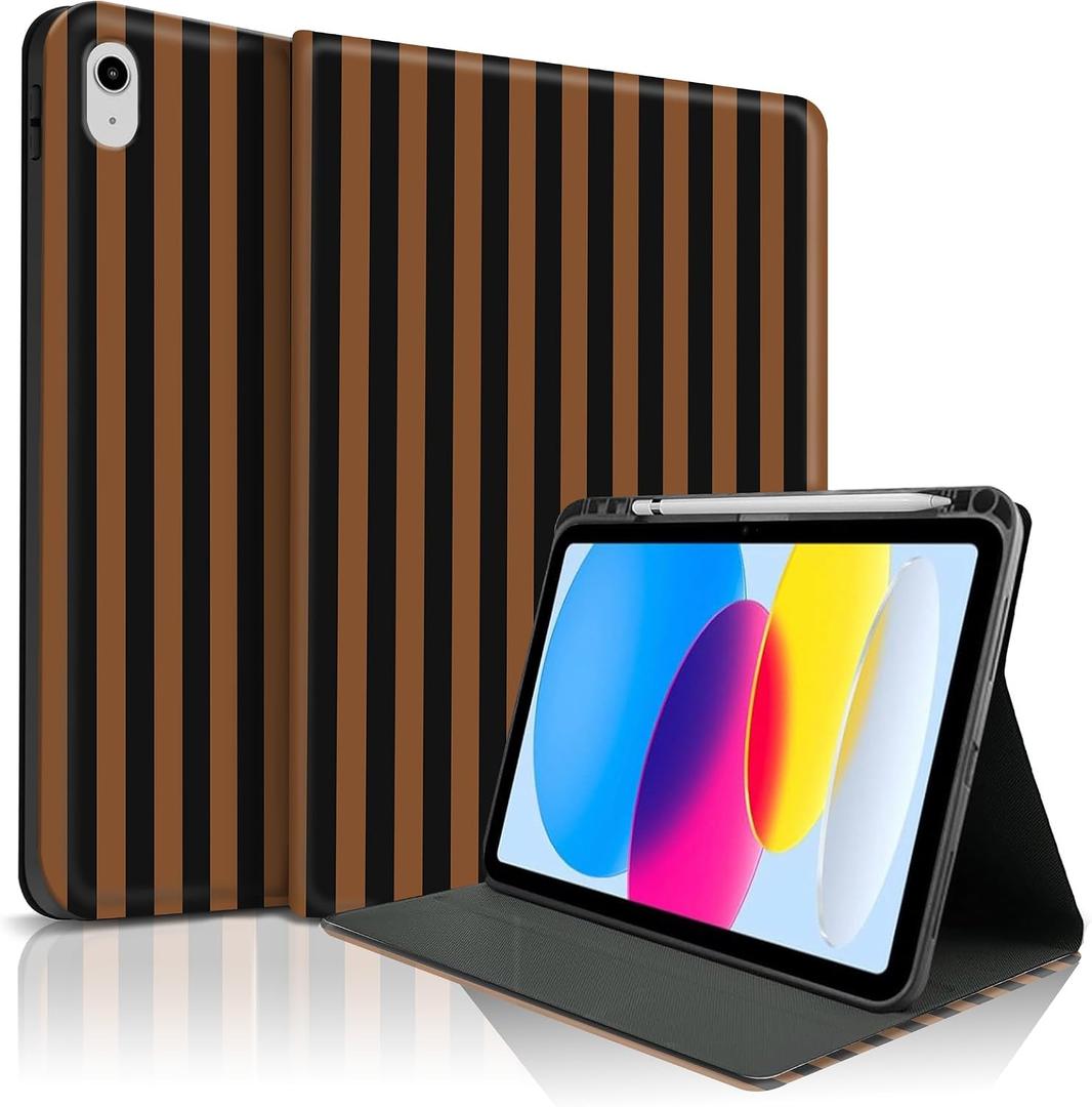 Case for iPad 11th (A16) 11-inch 2025 /10th Generation 10.9-inch 2022, Adorable Striped, Dedicated Pen Slot Suitable for Anyone, Slip-Resistant/Shock-Absorbing Protection-Dark Brown-Black