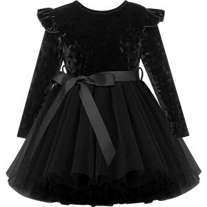 UNICOMIDEA 1-6T Toddler Velvet Dress Little Girls Tutu Tulle Crewneck Long Sleeve Holiday Party Fashion Dresses (Black)