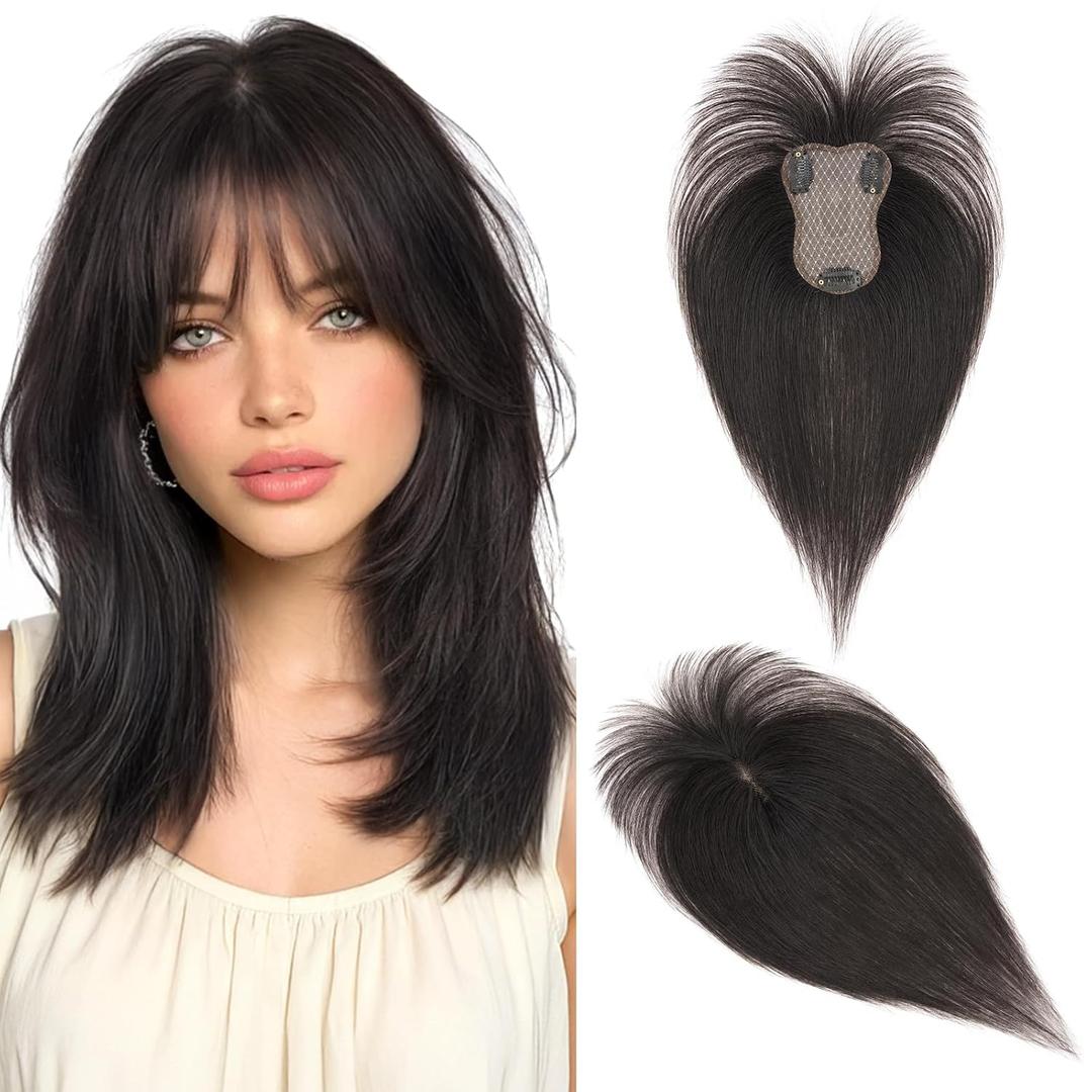 Hairro Real Hair Topper With Bangs Clip In Small Human Hair Toppers For Women Wispy Short Thin Remy Natural Black Topper Hairpieces Fake Bangs Hair Clip 10 Inches 20g #1B