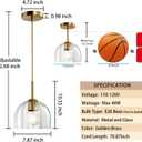 Clear Ribbed Glass Pendant Light Kitchen Island 7.8Inch Brass Hanging Lamp, 20CM