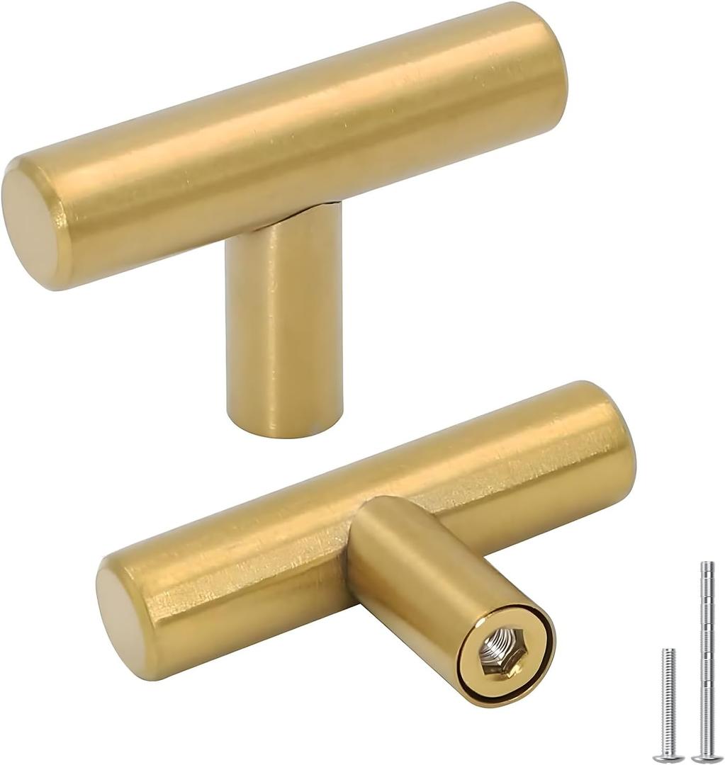 goldenwarm 10pack Brushed Brass Drawer Knobs Modern Kitchen Door Knob Cabinet T Bar Handle Pull Brushed Brass Overall Length 50mm 2in (Single Hole)