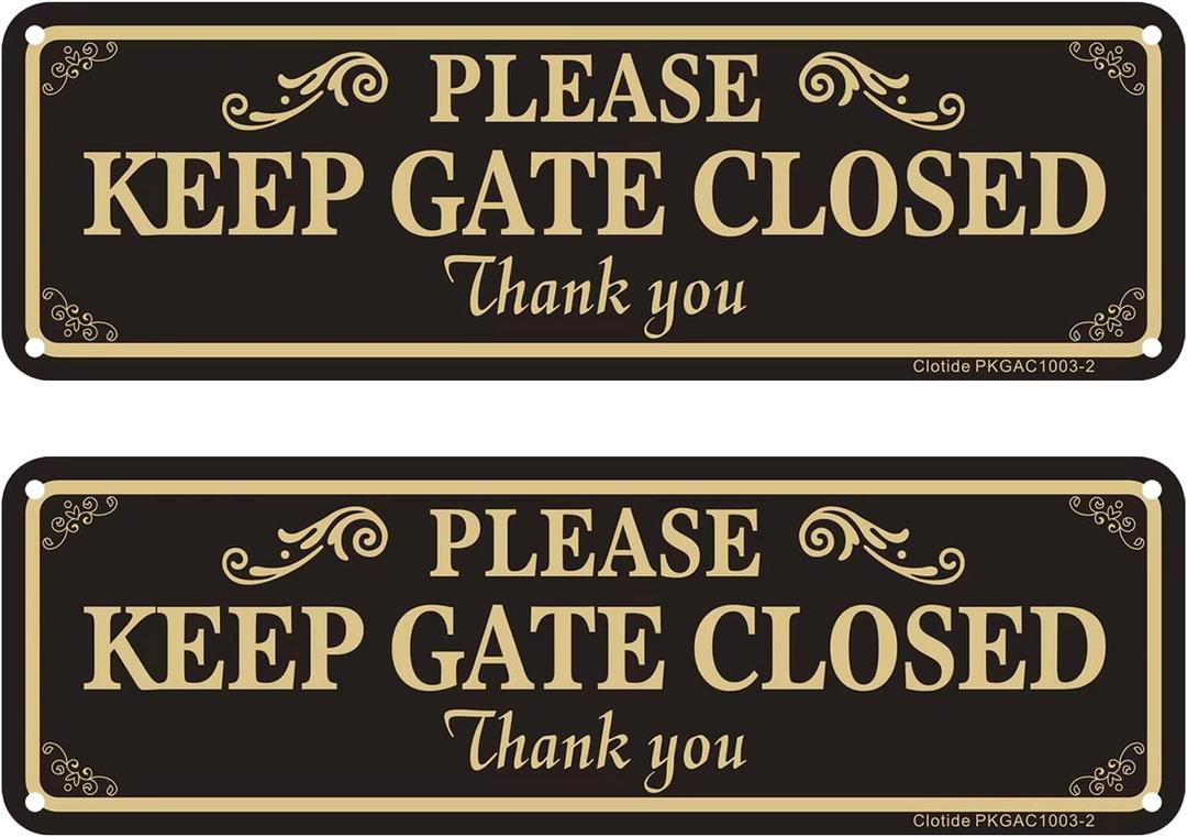 2 Pack Please Keep Gate Closed Sign, 10 x 3 Inches Rust Free Aluminum Metal Warning Sign, UV Resistant, Scratch, Waterproof and Weatherproof, Indoor/Outdoor Use. Easy to Mount
