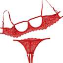 Lilosy Sexy Underwire Floral Lace Sheer Lingerie Set for Women See Through Bra and Panty 2 Piece (Medium, Red)