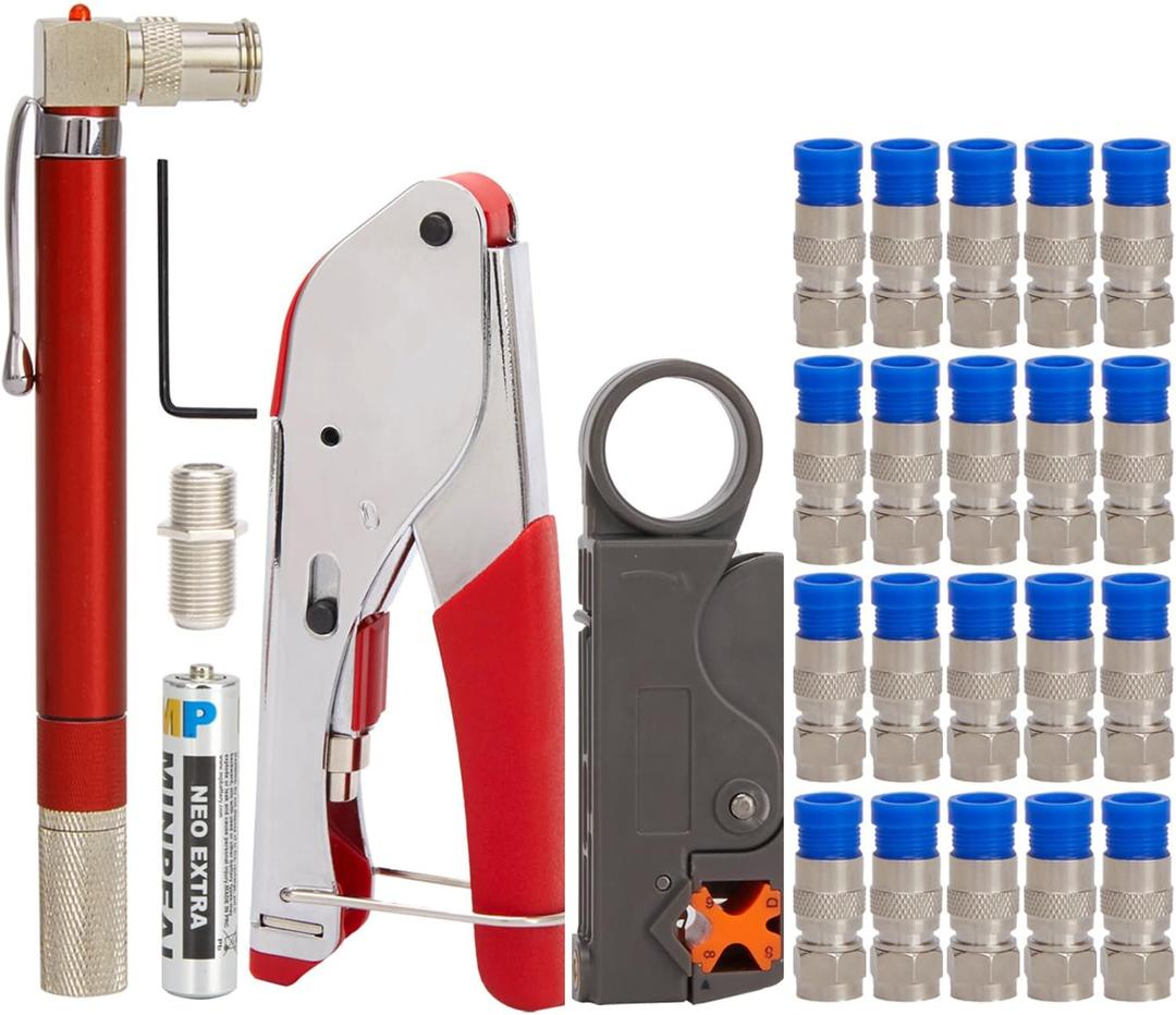 Coaxial Cable Crimper Kit - 20PCS rg6 F Connectors, Coax Cable Tester & Crimper, rg6 rg59 Compression Tool, Coax Toner & Wire Stripper