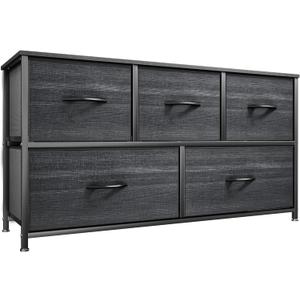 YITAHOME Dresser with 5 Drawers - Fabric Storage Tower, Organizer Unit for Bedroom, Living Room, Closets - Sturdy Steel Frame, Wooden Top (Cool Black Wood Grain)