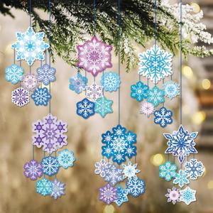 Tenceur 150 Pcs/24 Sets Unfinished Winter Snowflake Ornament Christmas Tree Decorations Paper Snowflake Hanging Ornaments with String and Diamond Stickers for Xmas Winter Holiday Party Decor