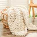 Bigacogo Chunky Knit Throw Blanket for Couch, 40x60 inches, 100% Hand Knitted with Thick Jumbo Chenille Yarn, Cozy Soft Large Rope Knot Cable Crochet Blankets for Sofa Bed Living Room, Beige
