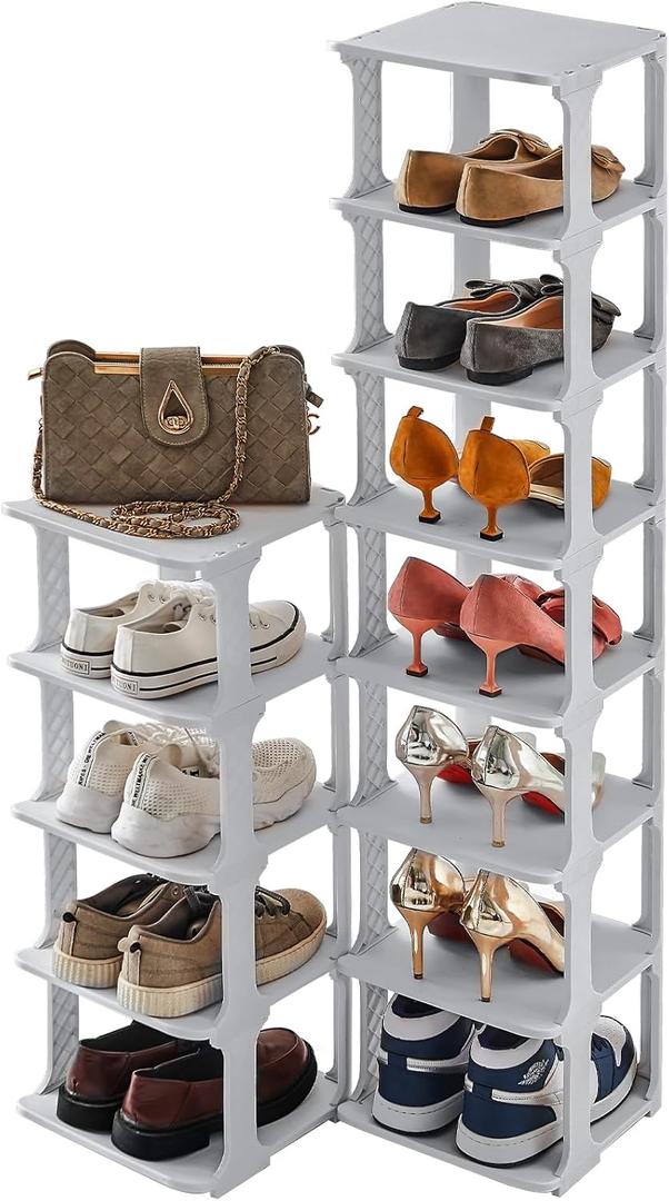 5 Tiers Shoe Rack Organizer for Closet Shoe Holder Storage Narrow Plastic Vertical, Free Standing Shoe Rack Shelf for Entryway Stackable Stability DIY, Grey