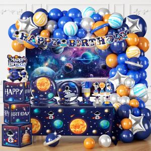 296PCS Space Birthday Decorations, All-in-1 Party Pack, 25 Serves Disposable Tableware Set, Includes Balloon Boxes, Backdrop Tablecloth for Outer Astronaut Birthday Decorations