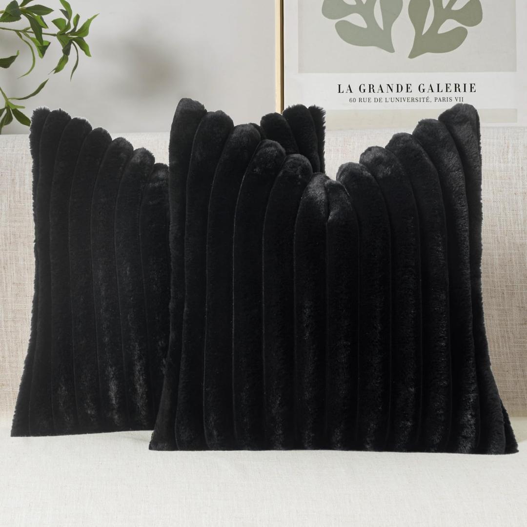 MIULEE Faux Fur Decorative Throw Pillow Covers 18x18 Inch Set of 2, French Modern Art Home Decor Soft Plush Couch Pillows Cozy Fluffy Cushion Covers for Sofa Bed Black