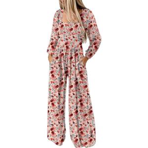 RONGTAI Rompers for Women Floral Print Casual One Piece Jumpsuits Long Sleeve High Waist Wide Leg Pants Romper with Pockets Beach Outfits Pink XLrge