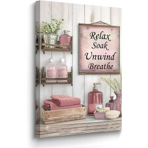 BJYCHG Rustic Bathroom Canvas Wall Art Pink Bathroom Picture Sign Farmhouse Floral Jars Painting Prints for Toilet Laundry Powder Room Decor Framed (Red, 24L x 16W)