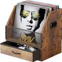 Vinyl Record Storage with Drawer, Vinyl Record Box Case Crate, Desktop Metal & Wooden LP Record Crate, Holds up to 60 Records (Antique)