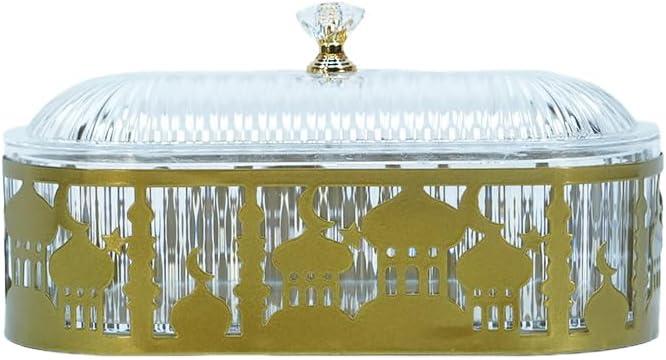 Ramadan Tray with Lid Eid Mubarak Dinner Plate Tray Ramadan Serving Tray Muslim Islamic Dessert Trays Tableware Dessert Metal Platters Storage Container Candy Pastry Dessert Display Holder (Golden)