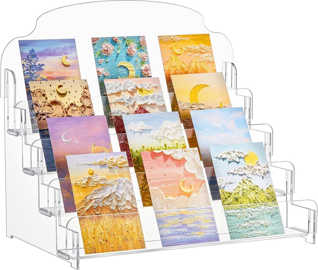 Menkxi Clear Acrylic Greeting Card Display Stand Portable Sticker Display Stand Card Display Rack Holder Postcard Organizer for Retail Counter Desk Stamp Mail Photo Storage(4 Tier,16''x10''x14'')