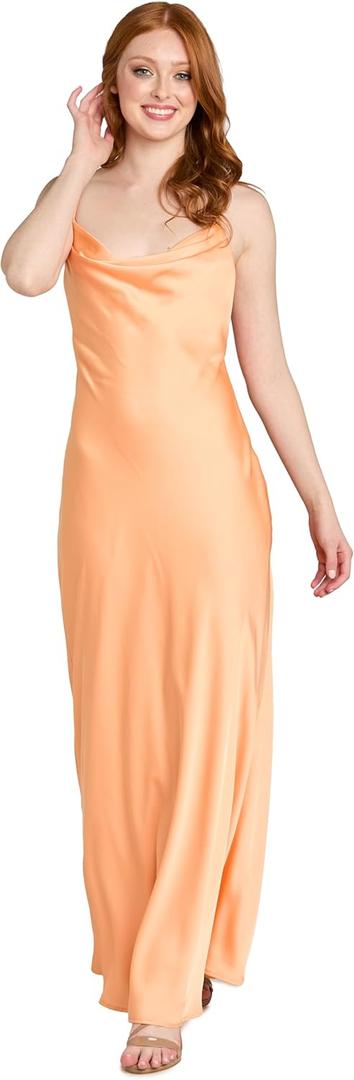 MORGAN AND CO. Juniors' Elegant Cowl Neck Satin Maxi Gown - Backless Tie Silky Dress Evening Wedding Guest Cocktail Party (Mango, XS)