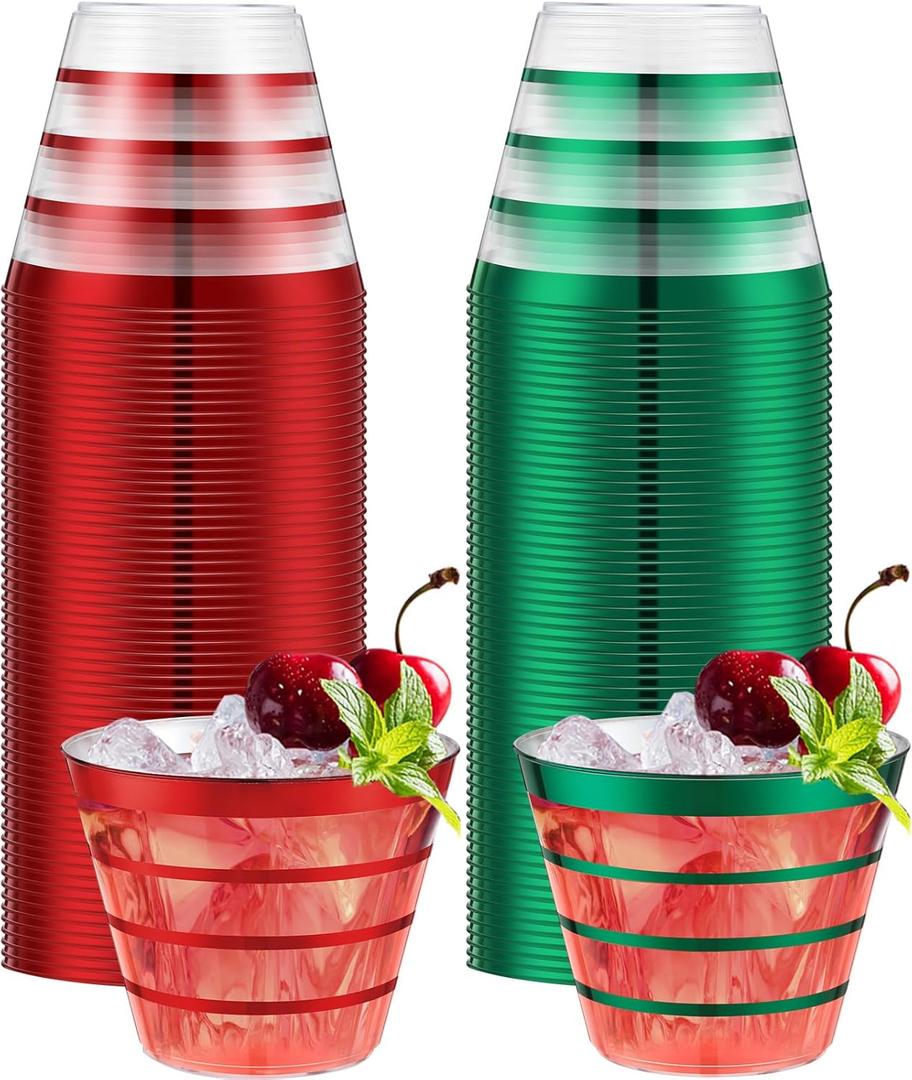 Gejoy 9 oz Happy New Year Rimmed Stripe Plastic Cups Bulk Disposable Wine Hard Plastic Drinking Cocktail Cups Tumblers for Wedding Gathering Party Supplies(Red and Green,100pcs)