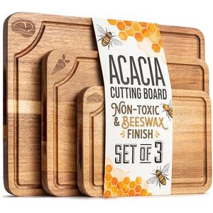 EDELHAUS Cutting Boards for Kitchen (Set of 3) Beeswax Finished Acacia Wood Cutting Board, Mineral Oil Free Wooden Cutting Boards non Toxic with Juice Groove, Non-Slip Feet, Charcuterie Boards