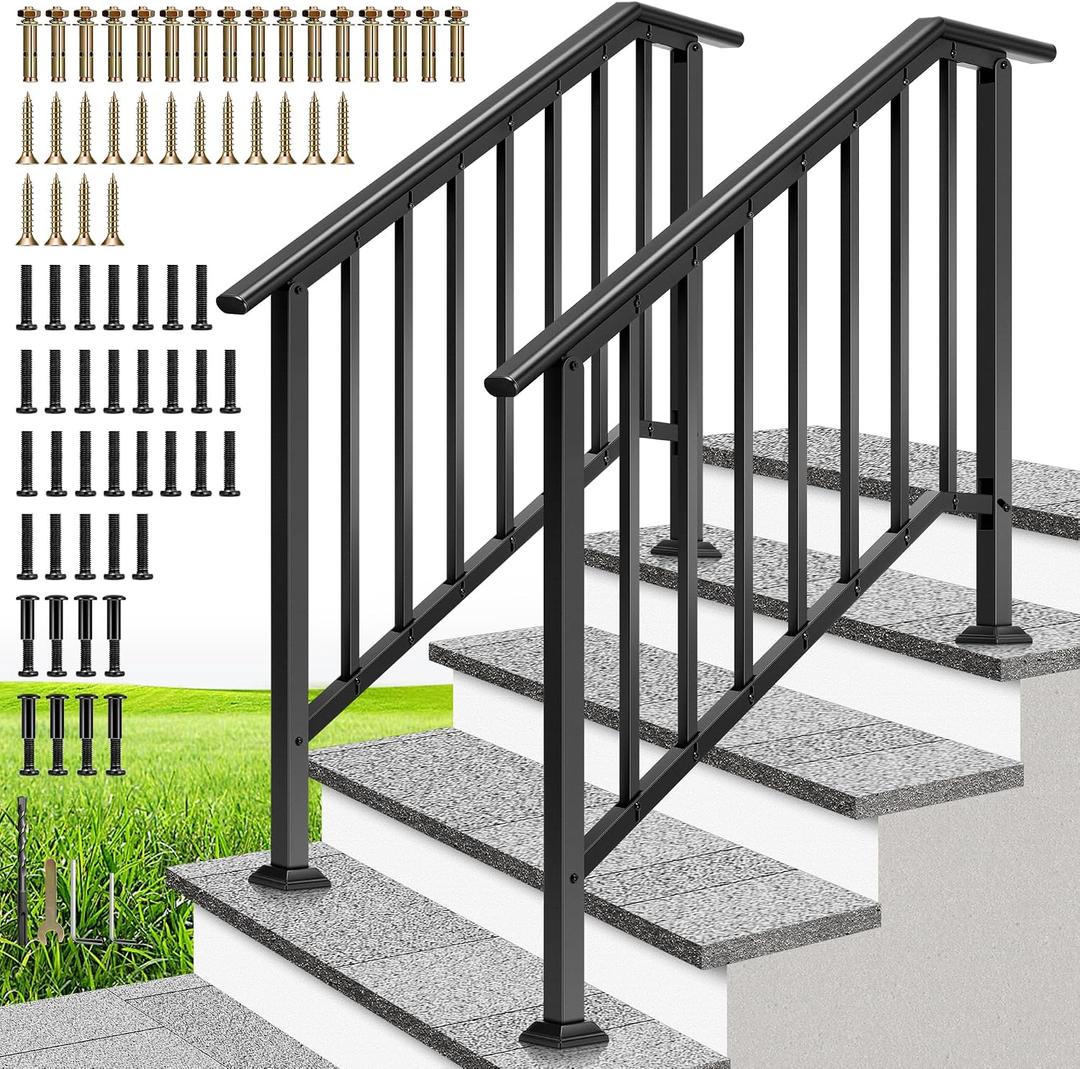 VIVOHOME 2-Pack Galvanized Steel Hand Rails for Outdoor Steps 40.6" Black Oval and Safety Balusters Exterior Railing Kit for Porch, Deck, or Indoor Stairs (4-Step, Black)