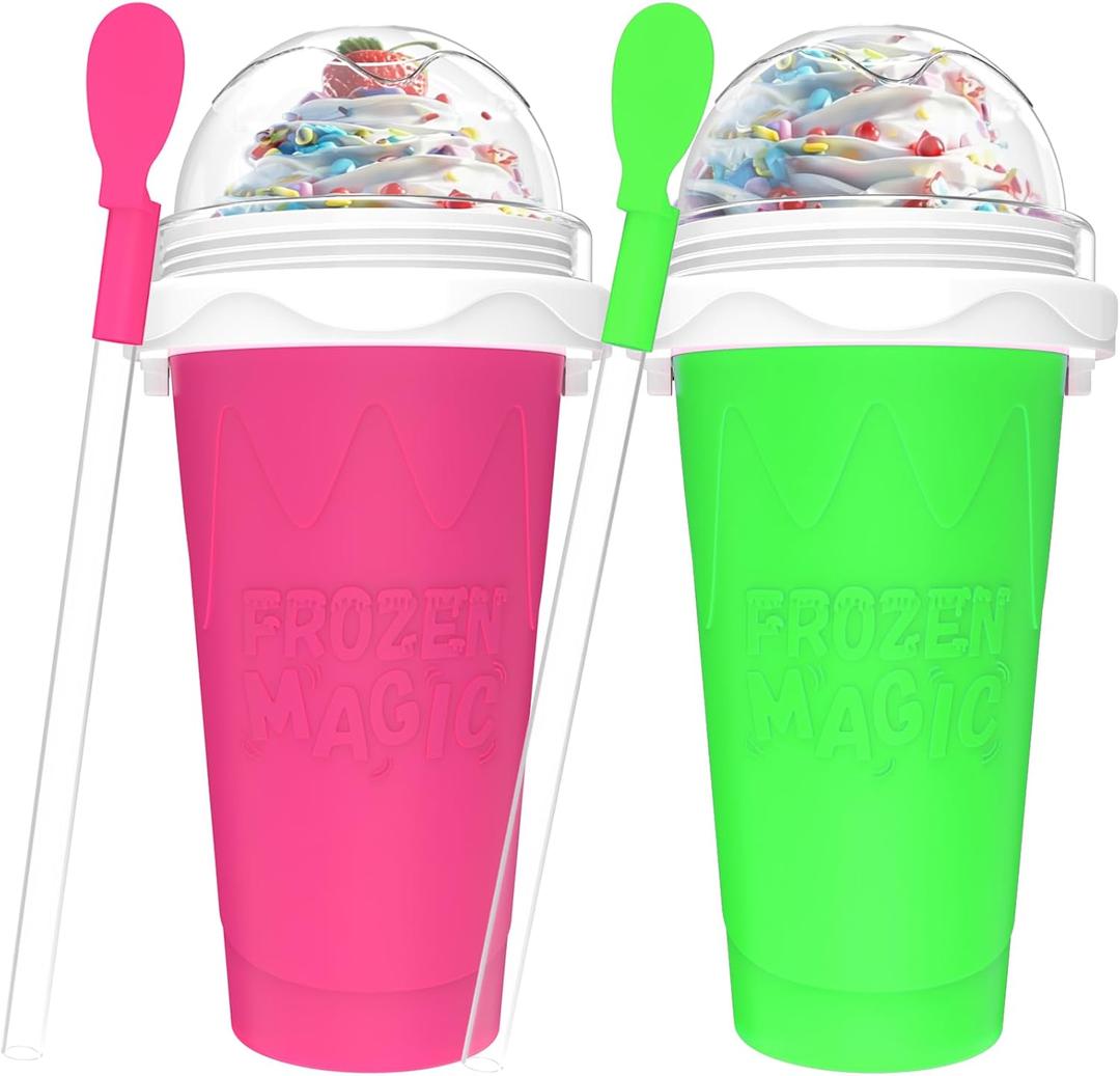 2PCS Slushie Maker Cup, Quick Frozen Magic Cups for Homemade Milk Shake Ice Cream Maker, Double Layer Squeeze Slushy Maker Cup, Birthday Gifts for Kids,Friends,Family (Green+Pink)