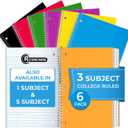 Rosmonde 3 Subject Notebook College Ruled, 6 Pack, 150 Sheets(300 Pages), No-Bleed Paper, 3 Hole Punched, 8x10-1/2, 3 Subject Spiral Notebook for School, Home & Office, Assorted Colors