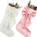 Seematn 2 Pack Bow Christmas Stockings, 18 Inches Pink White Velvet Christmas Stocking Coquette Luxury Xmas Hanging Socks Decoration for Tree Fireplace Mantel Party Elegant Holiday Decor