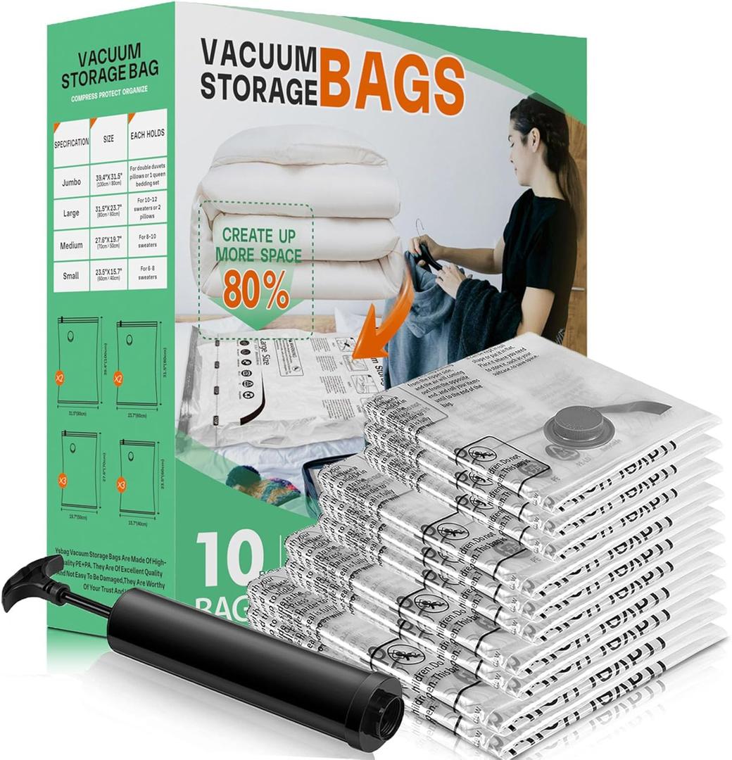 10 Pack Vacuum Storage Bags, Space Saver Bags, Compression for Comforters and Blankets, Sealer Clothes Storage with Hand Pump. (2J/2L/3M/3S)