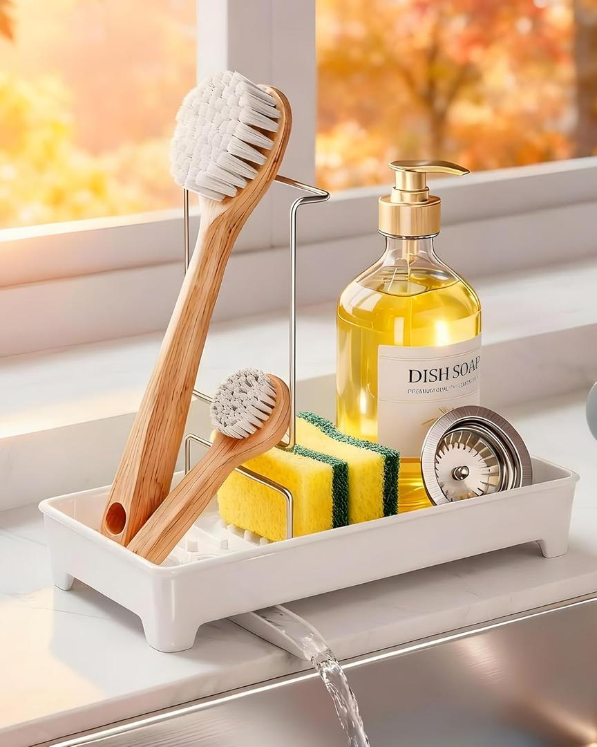 Plastic Sink Caddy, Rustproof Sponge Holder for Kitchen Sink with 304 Stainless-Steel Brush Holder, Countertop Rack Organizer with Raised Ridges & Silicone Drain Tube (Cream White, Large)
