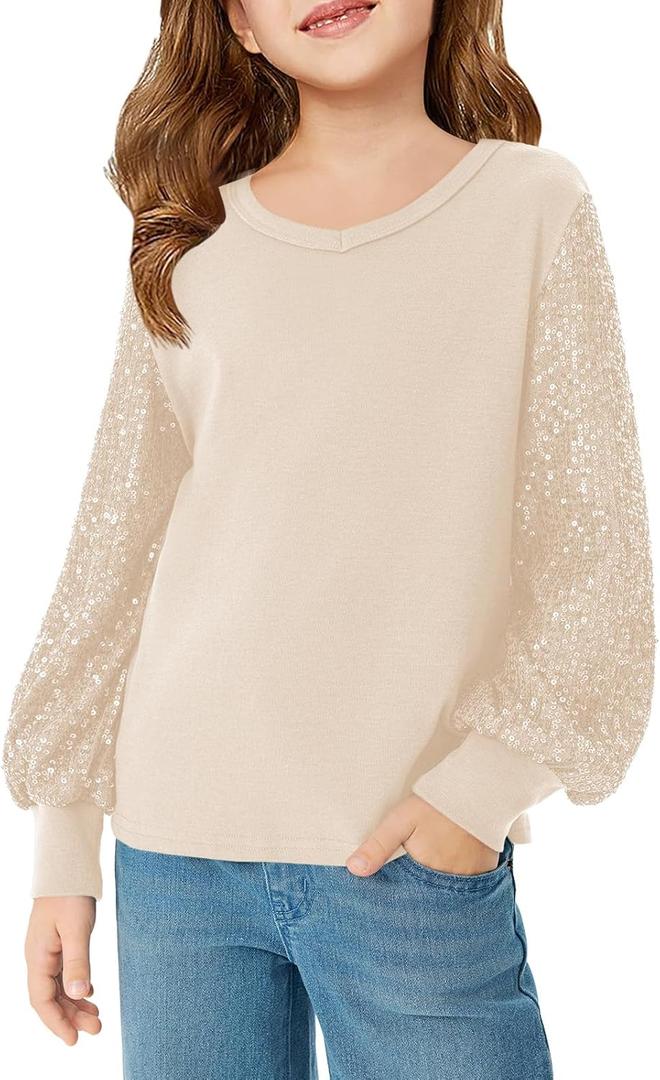 Haloumoning Girls Sequin Shirts Kids Cute Tops Long Sleeve V Neck Blouses for 5-14 Years (9-10 Years, Gold)
