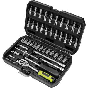 46 Pieces 1/4 Inch Drive Industrial Grade Socket Ratchet Wrench Set, with Bit Socket Set Metric and Extension Bar for Auto Repairing and Household, With Thickened Storage Case